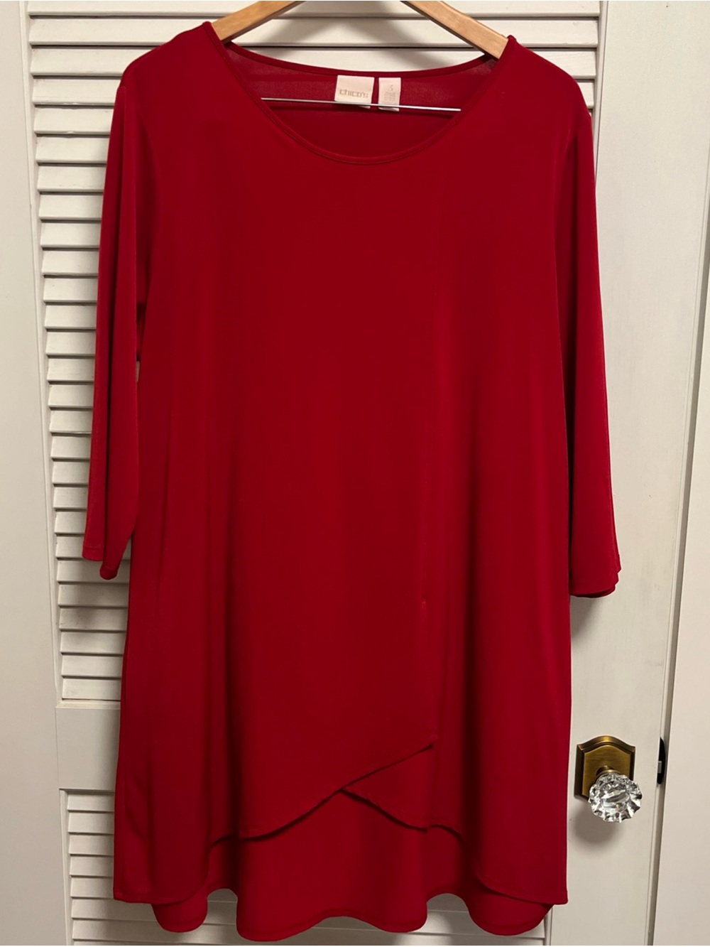 Chico's Vibrant Red Asymmetrical Scoop Neck Tunic.  Tulip hem.